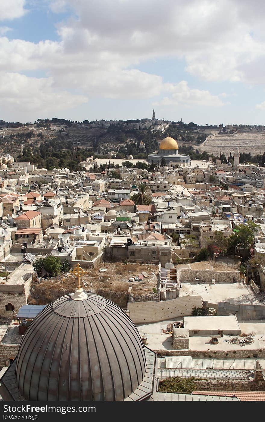 Old city of Jerusalem. Temple Mount: Dome on the Rock, Russian church, jewish cemetery