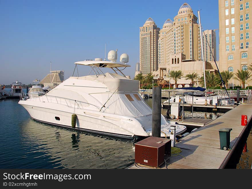 White yacht achored in Doha, Qatar. White yacht achored in Doha, Qatar