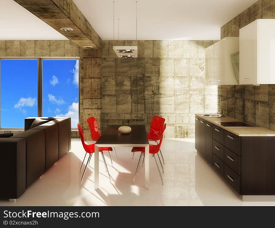 Modern dining room with red chairs