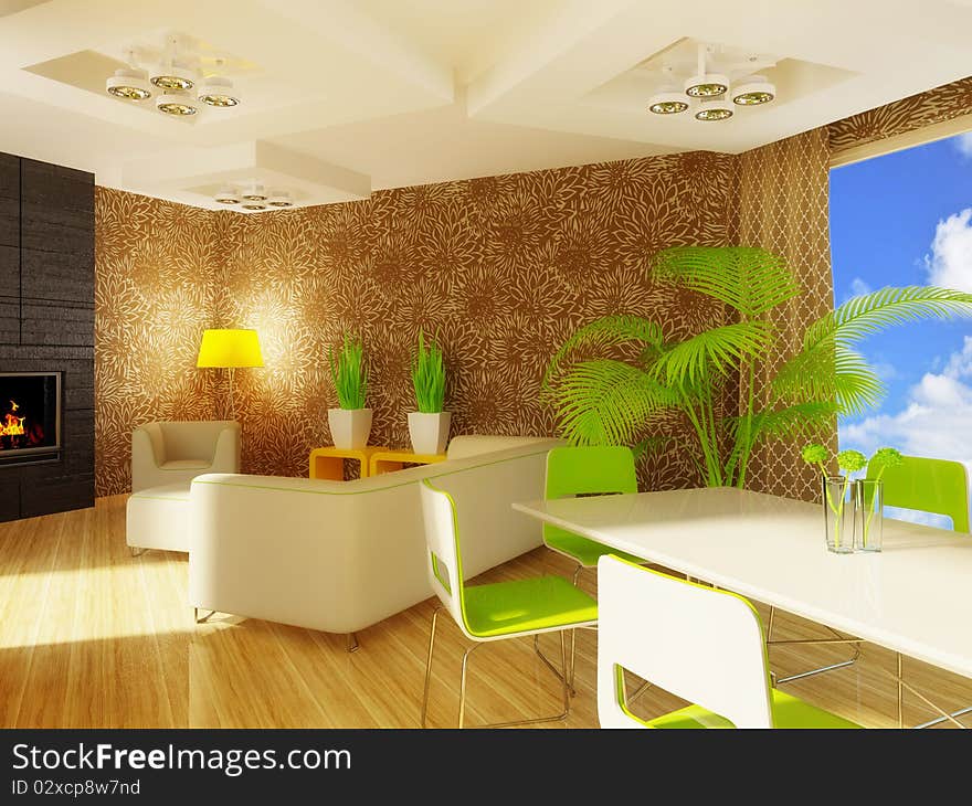 Modern interior room with green furniture