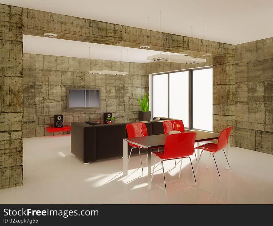 Modern living  room with red elements