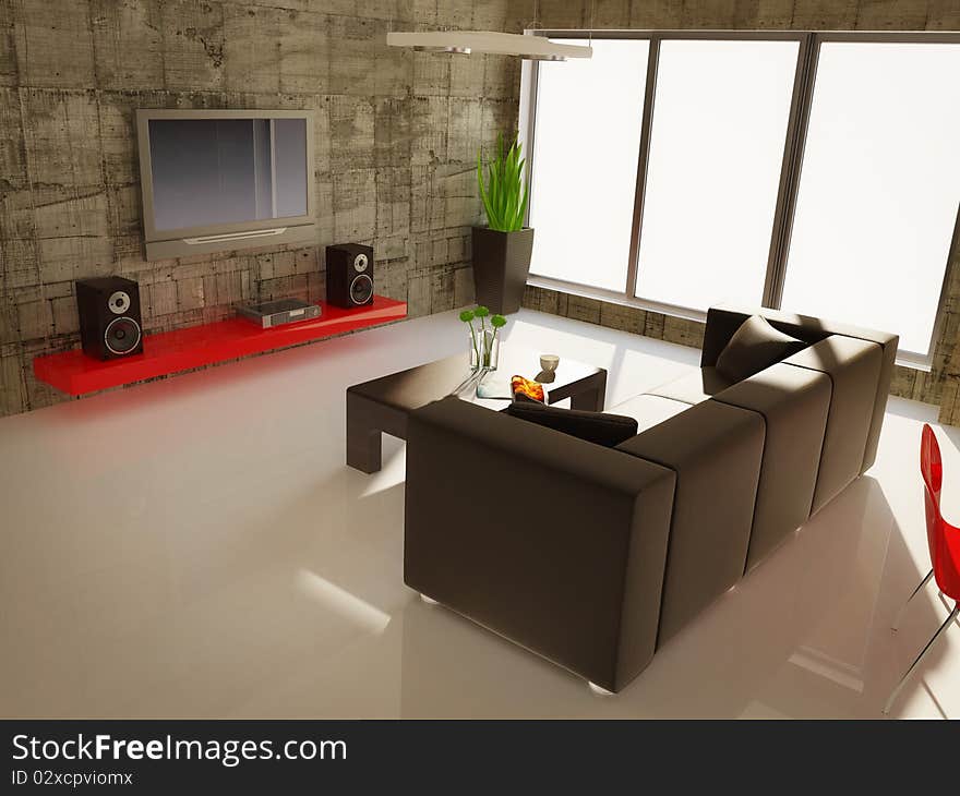 Modern living  room with red elements