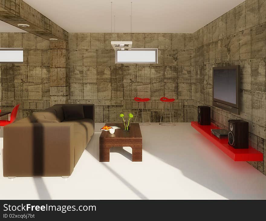 Modern living  room with red elements