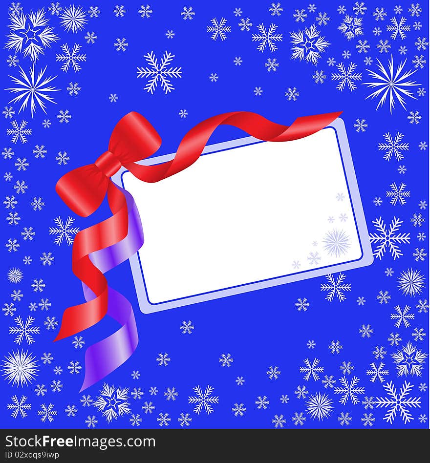 Blue Christmas card with a red bow and white snowflakes. Blue Christmas card with a red bow and white snowflakes