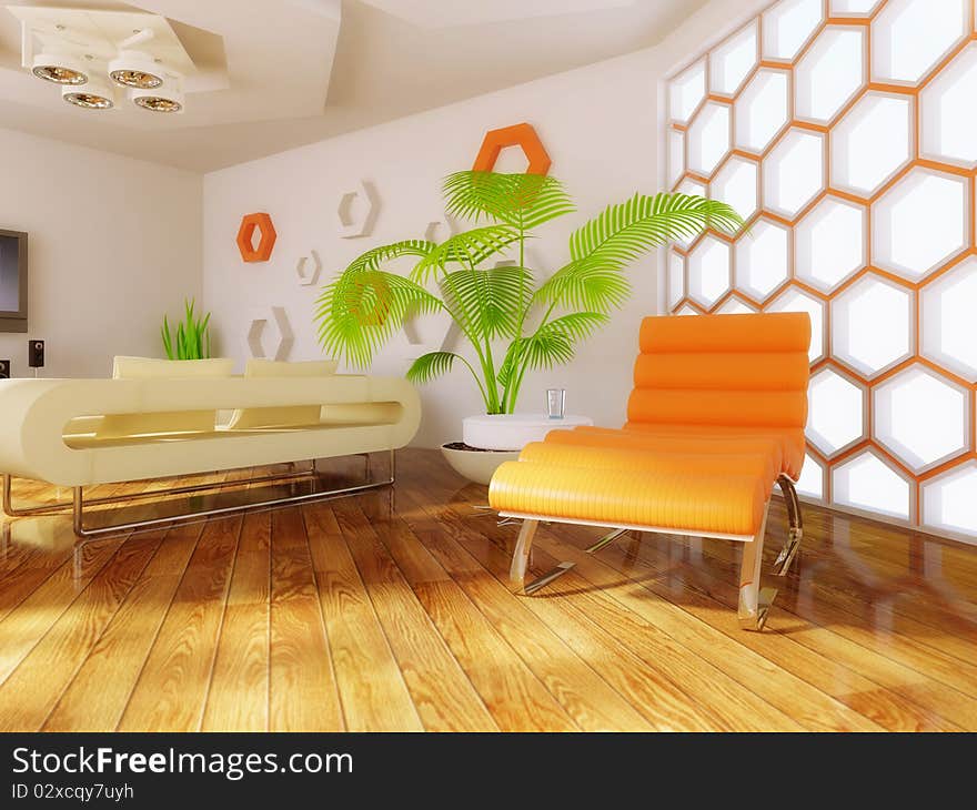 Modern room with white wall and orange elements. Modern room with white wall and orange elements