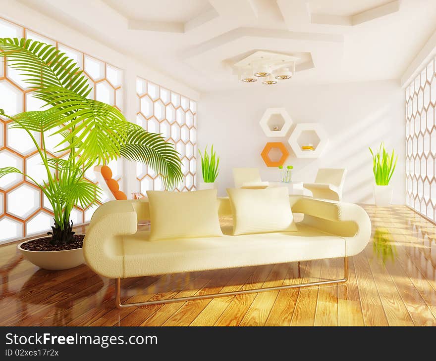 Modern room with white wall and orange elements. Modern room with white wall and orange elements