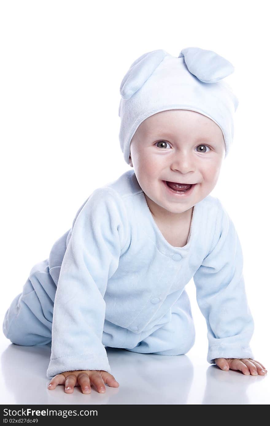 Baby wearing bunny suit isolated