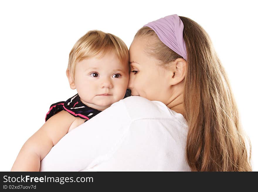 Happy mother with little daughter isolated on white background. Happy mother with little daughter isolated on white background