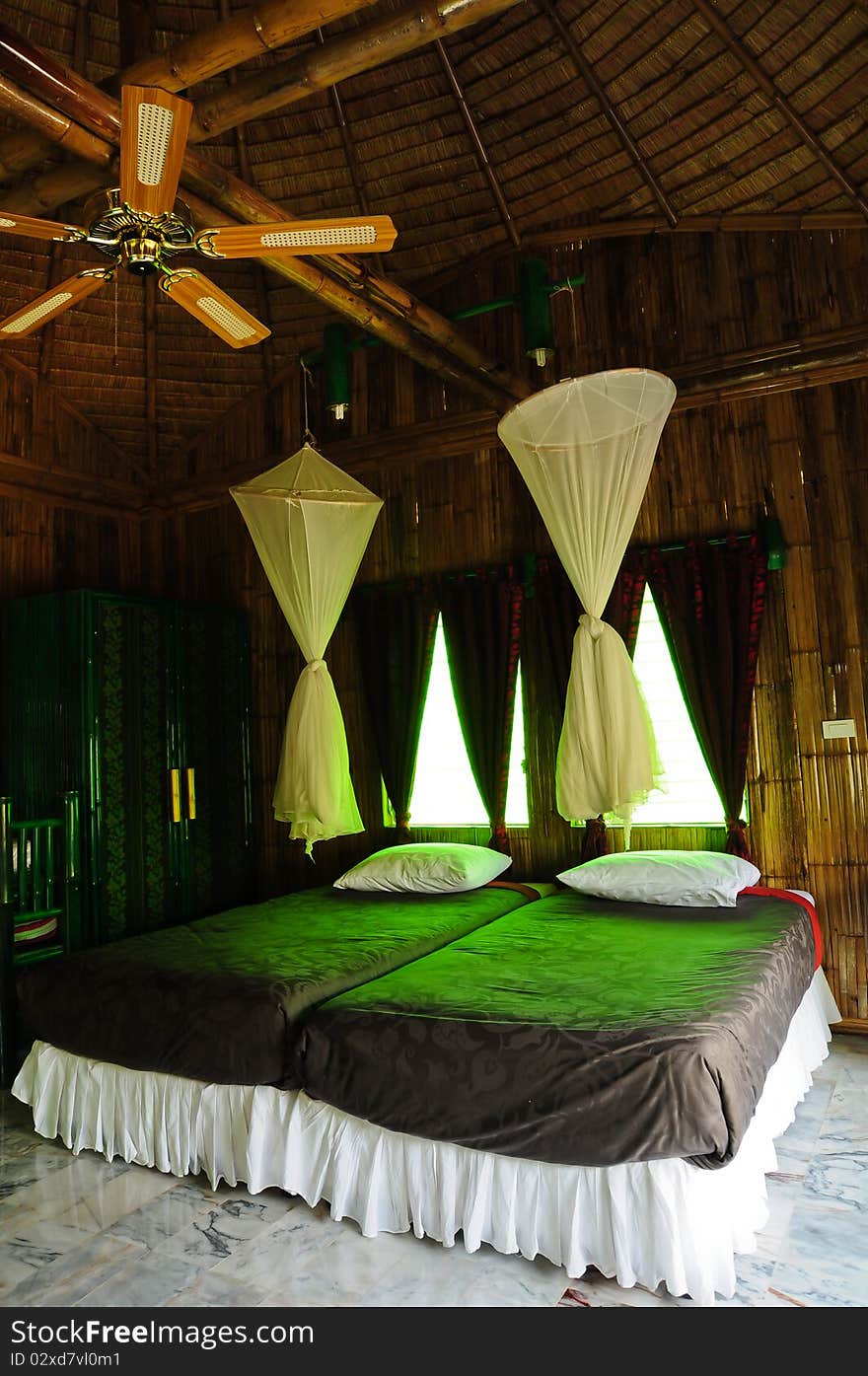 Interior, bedroom in Bamboo house. Interior, bedroom in Bamboo house