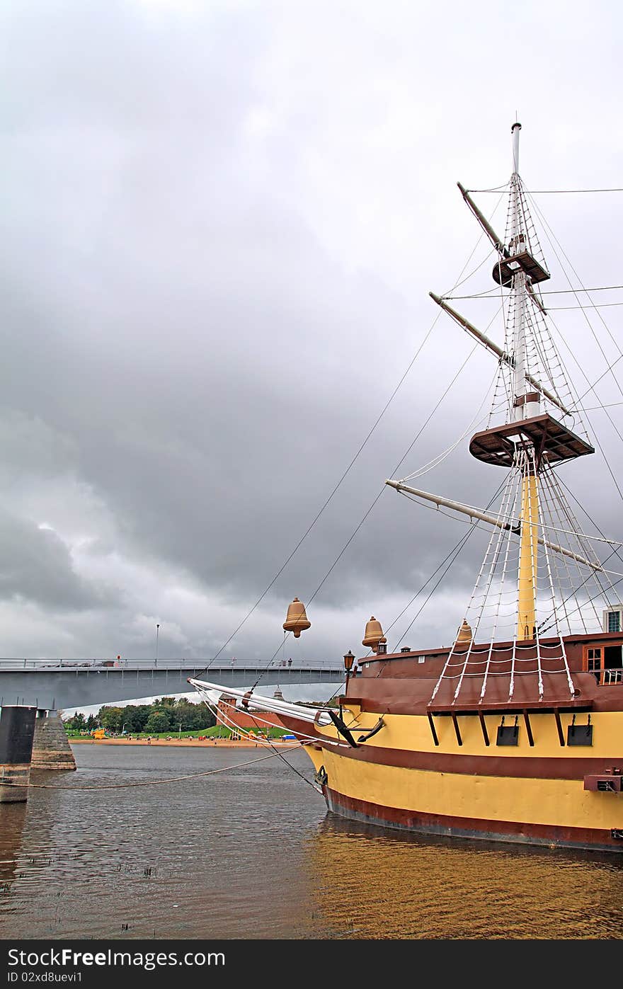 Aging schooner in town harbour