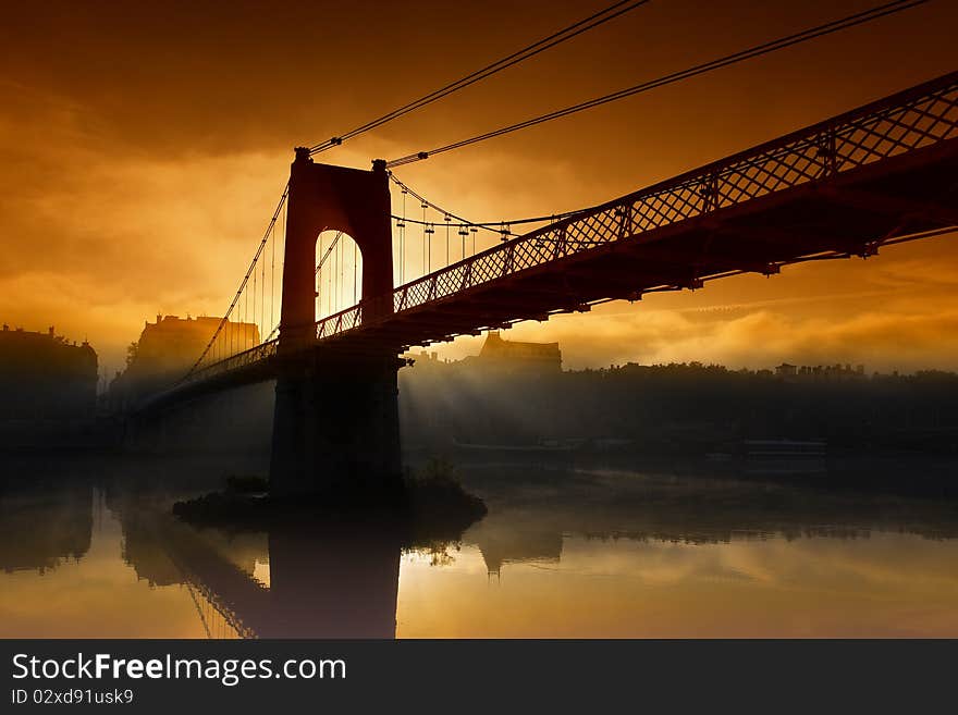 Footbridge in Lyon (France) with morning light. Footbridge in Lyon (France) with morning light