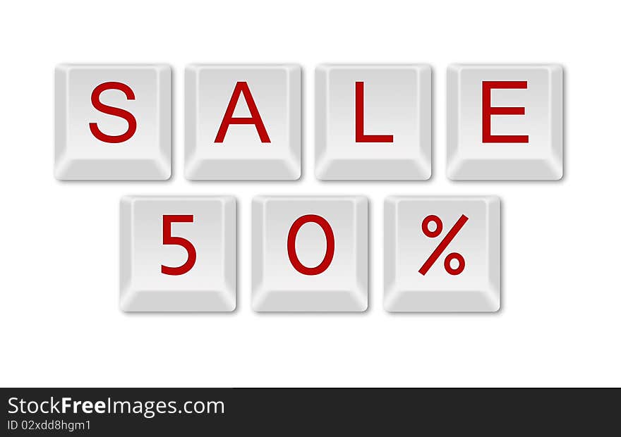 White Computer keyboard showing sale 50% isolated. White Computer keyboard showing sale 50% isolated