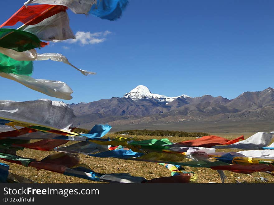 Streamer flies in the background of snow mountain, Tibet, China. Streamer flies in the background of snow mountain, Tibet, China