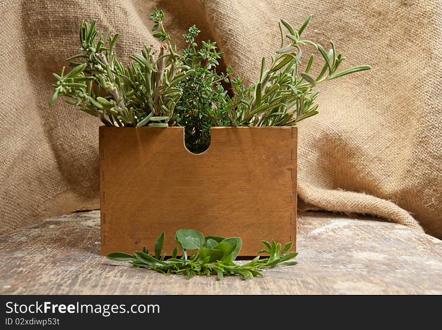 Healing herbs on a wooden box