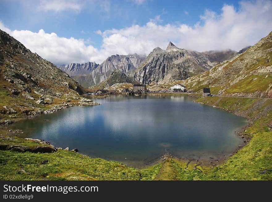 Mountain landscape of Sen-Bernard pass in Swiss and Italian Alps. Mountain landscape of Sen-Bernard pass in Swiss and Italian Alps