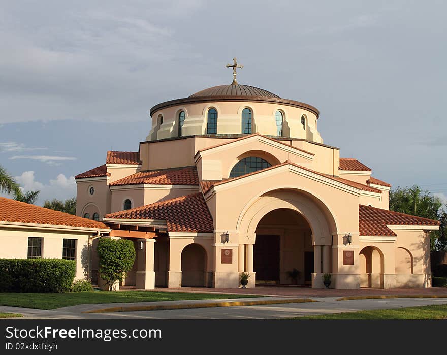 Greek Eastern Orthodox Church on blue sky background