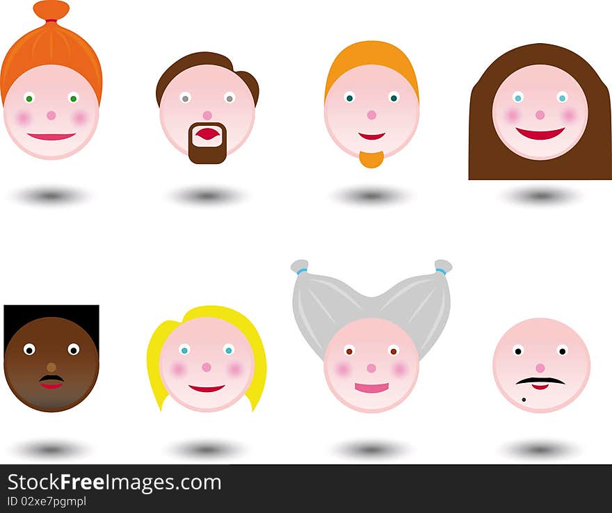 Eight emoticon of smiley faces of boys and girls