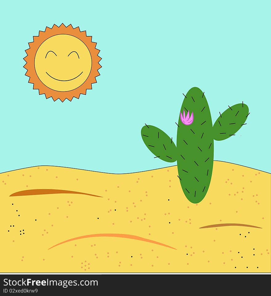 Stock Vector Illustration: Cactus with flower in the desert