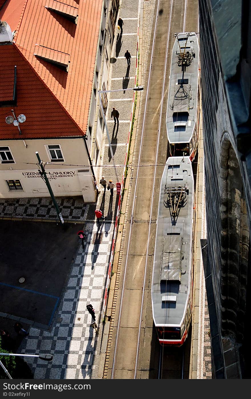 An unusual view on a tram from a tower in Prague, Czech Republic. An unusual view on a tram from a tower in Prague, Czech Republic