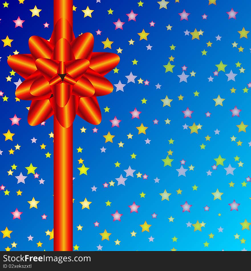 Blue starry background with bright red ribbon and bow. Blue starry background with bright red ribbon and bow