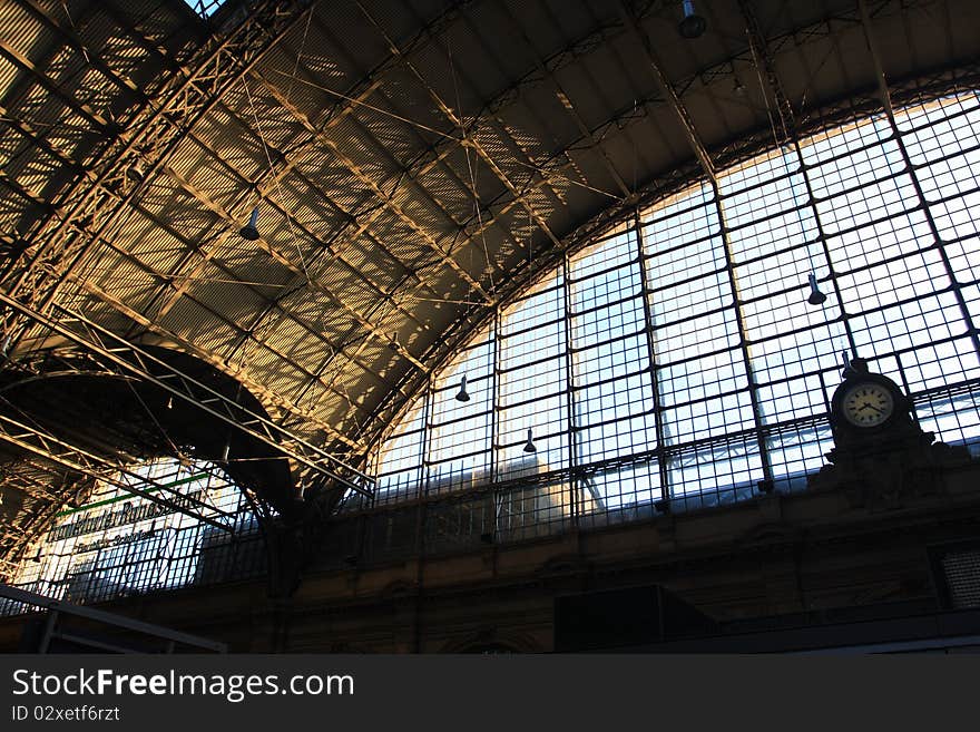 Frankfurt, Germany, Train station. Light and sun scene.