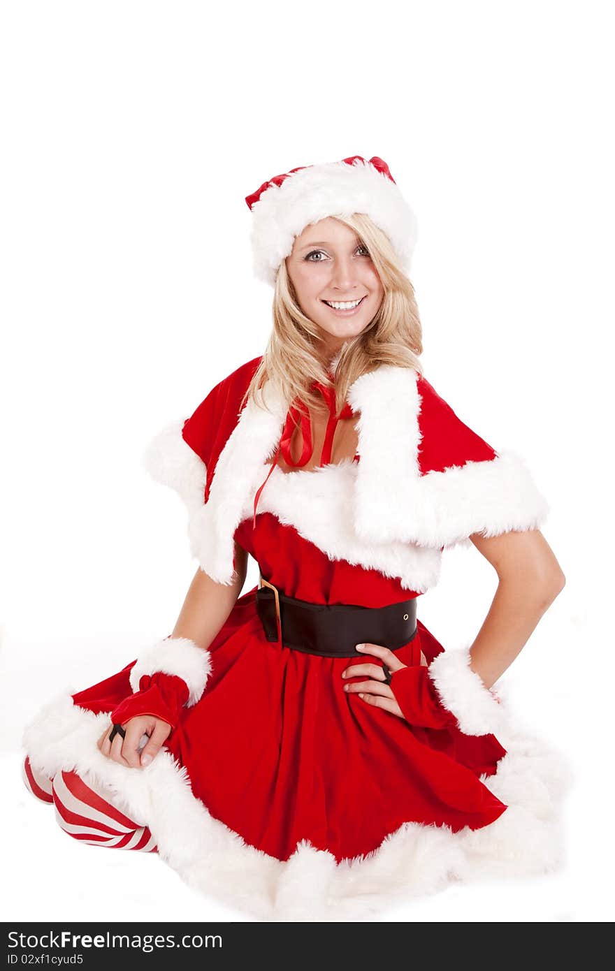 A female dressed as santas helper kneeling