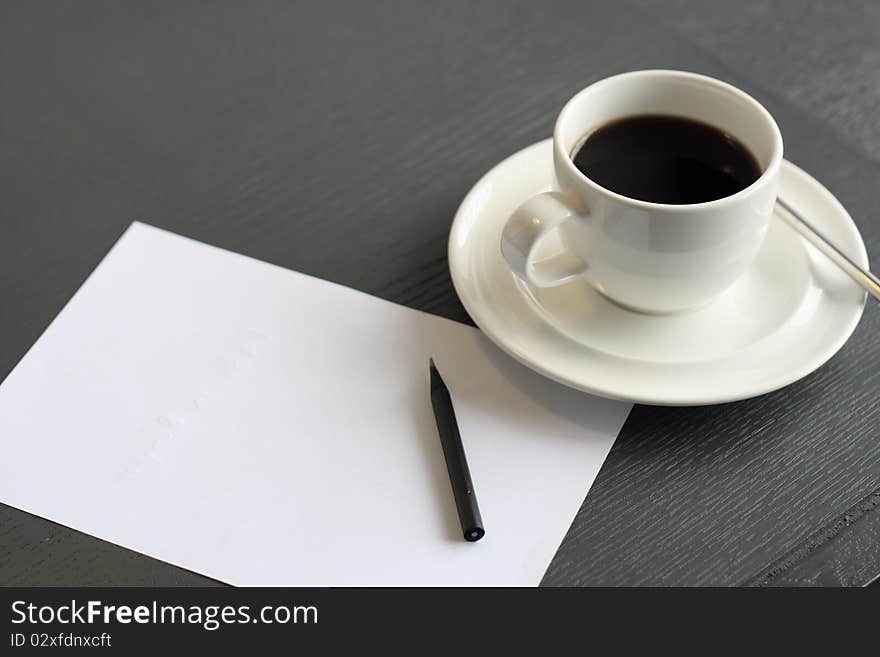 No concept. blank page, empty cup of coffee, pencil. No concept. blank page, empty cup of coffee, pencil