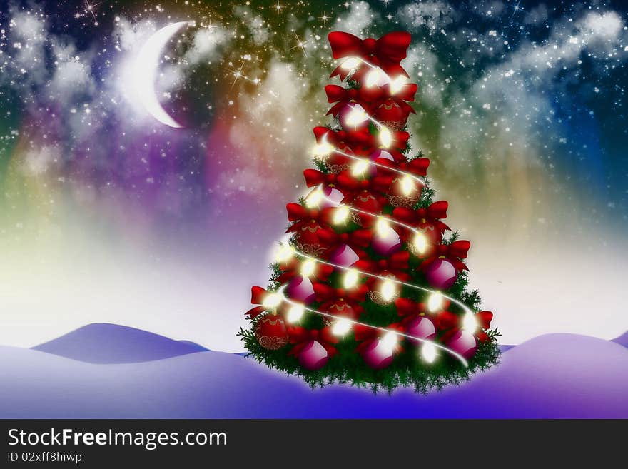 Christmas tree with decoration and snow. Christmas tree with decoration and snow