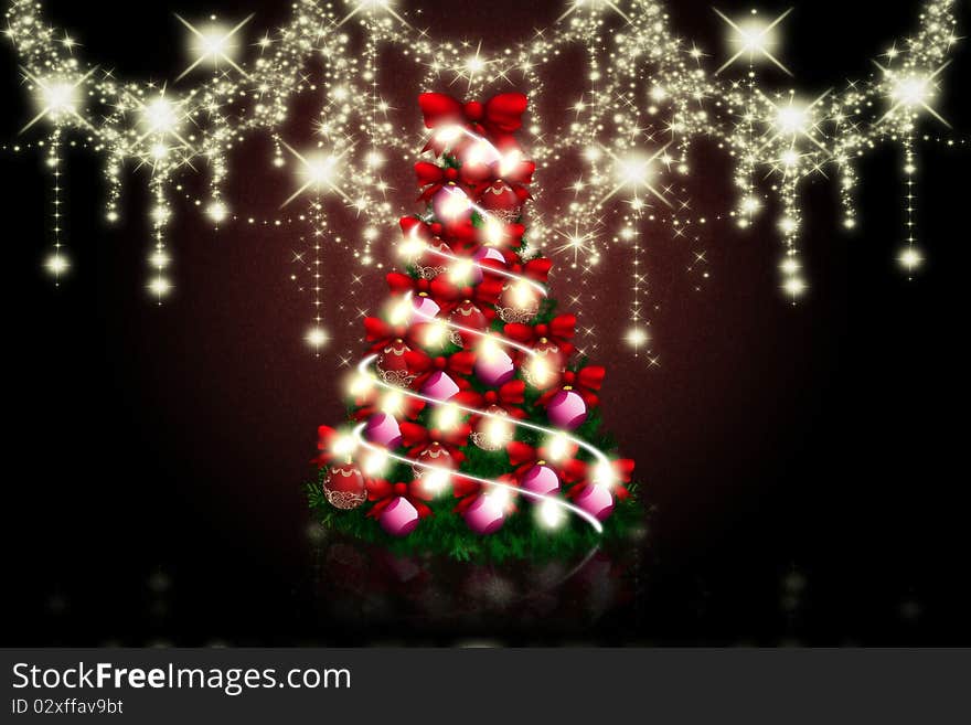 Christmas tree with decoration in the dark room. Christmas tree with decoration in the dark room