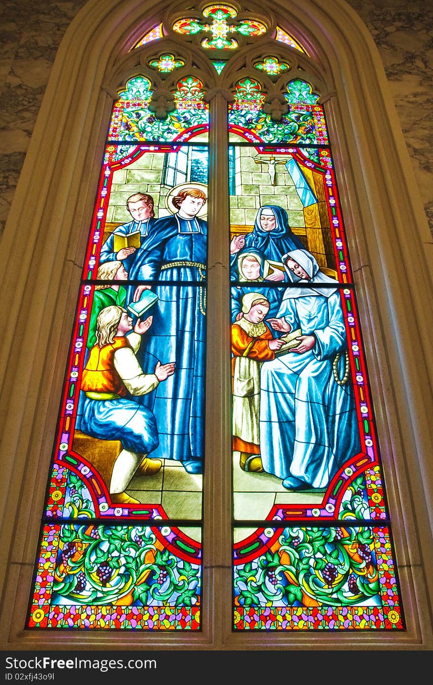 Stained glass Inside Interior a Catholic Church, Assumption University, Thailand