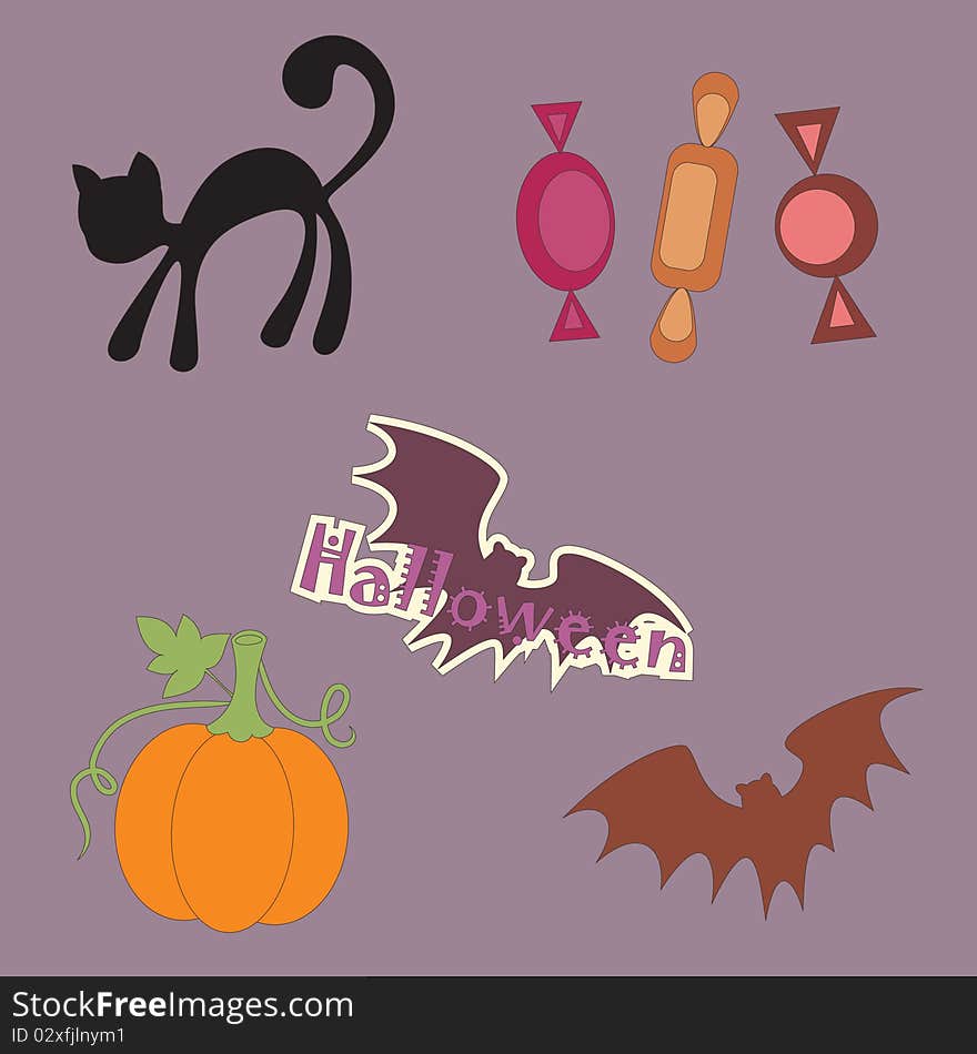 Halloween objects, isolated on purple background