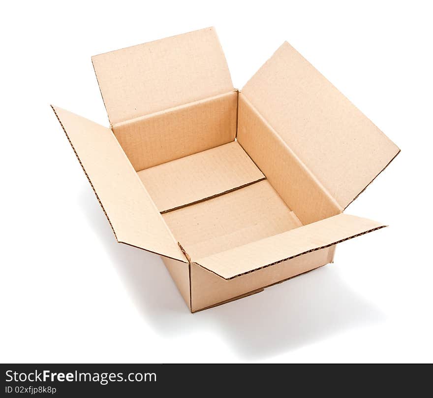 Open corrugated cardboard box on white background