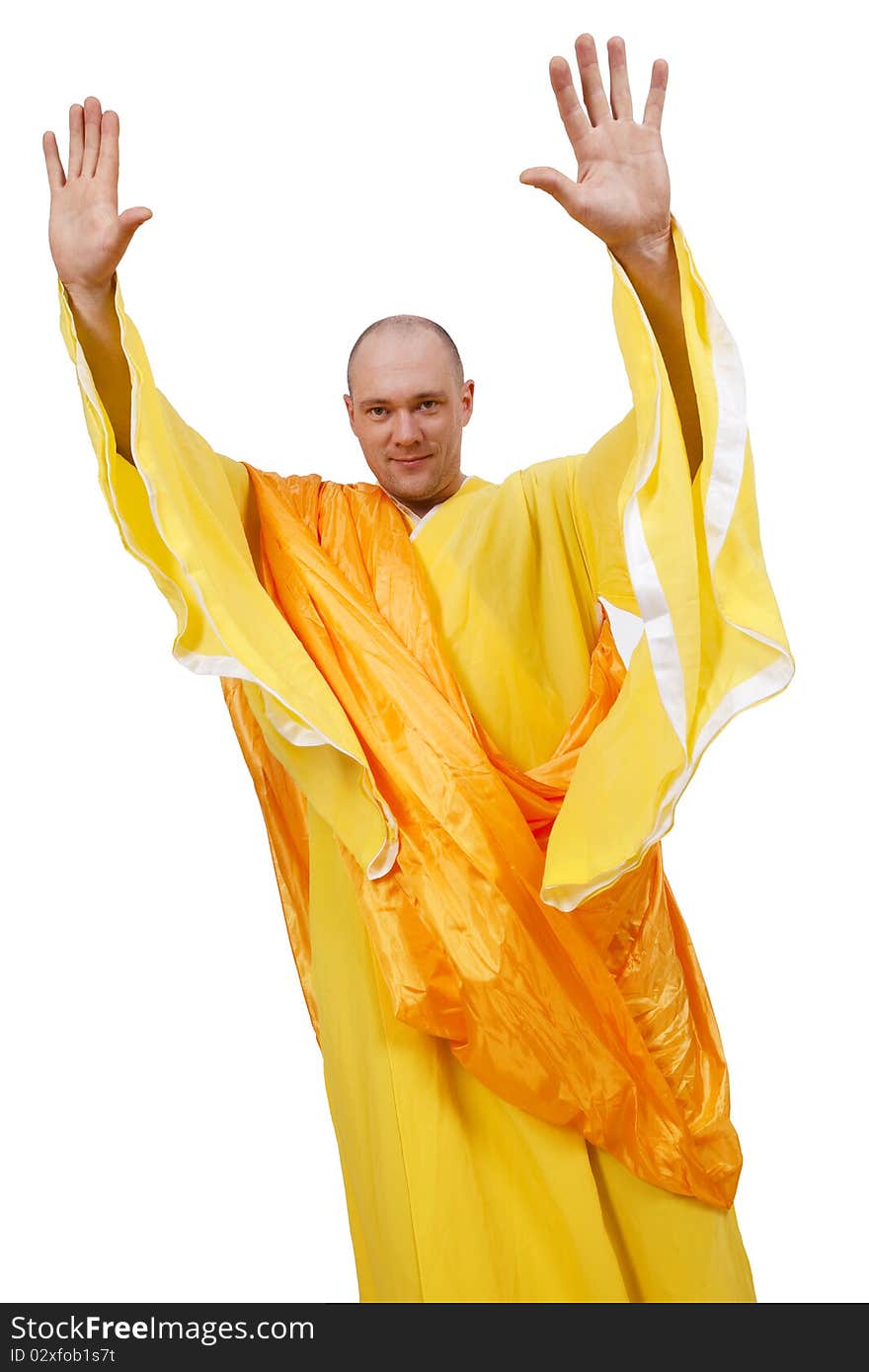 Monk with open raised palms. On white background