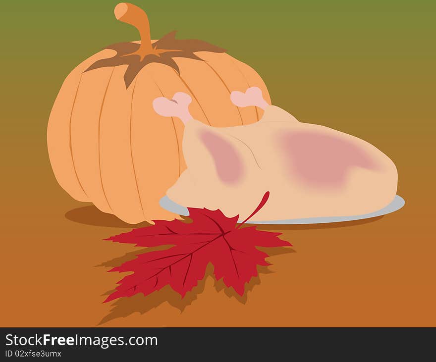 Maple leave, turkey and pumpkin tanksgiving background. Maple leave, turkey and pumpkin tanksgiving background