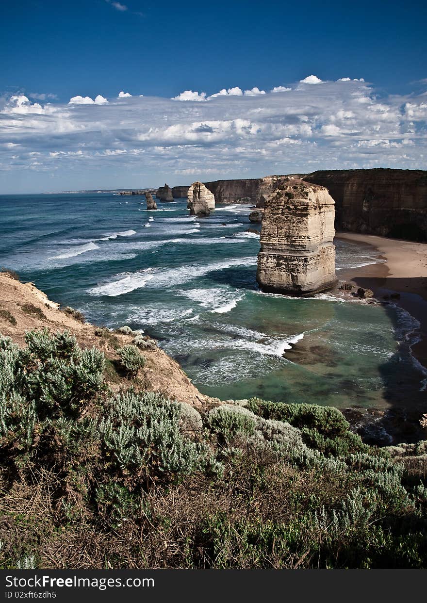 View of the 12 Apostles along the Great Ocean Road, Melbourne, Australia.The 12 Apostles are giant rock stacks that rise majestically from the Southern Ocean. View of the 12 Apostles along the Great Ocean Road, Melbourne, Australia.The 12 Apostles are giant rock stacks that rise majestically from the Southern Ocean