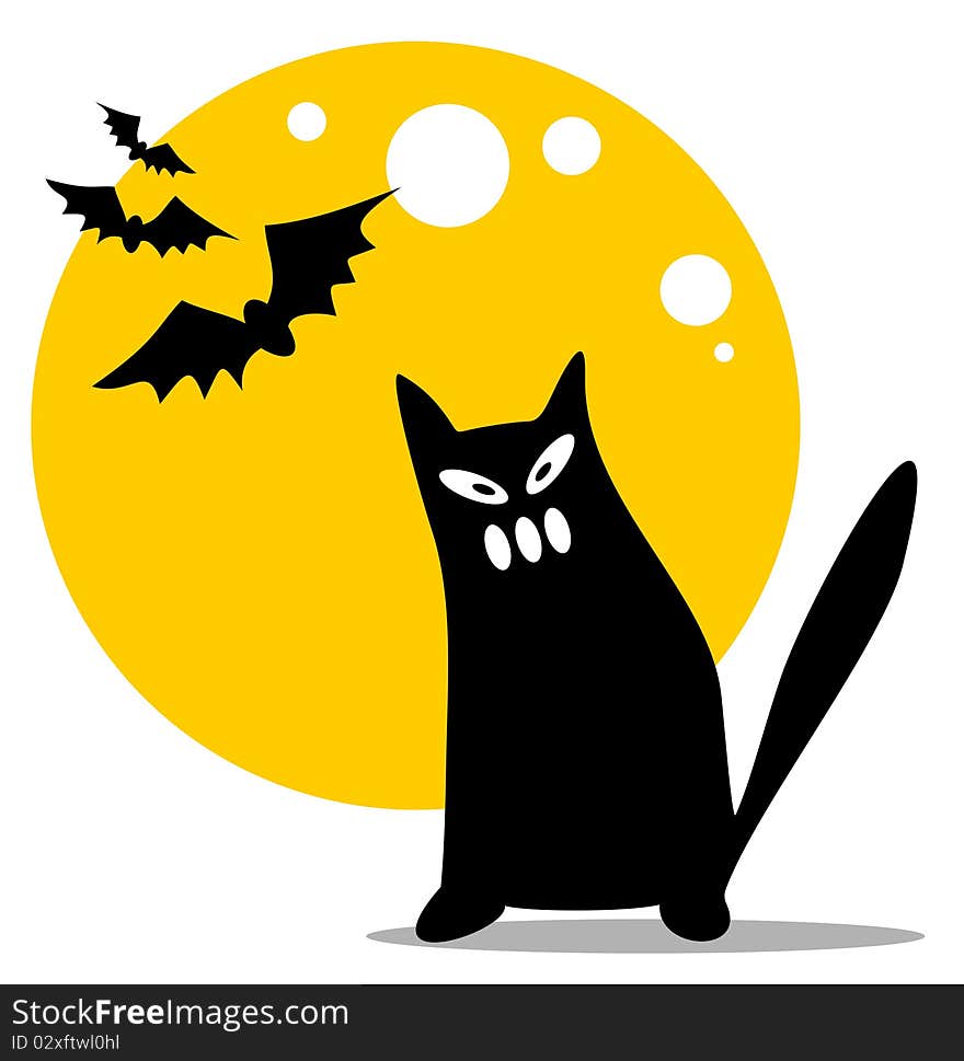 Halloween black cat and moon on a white background.