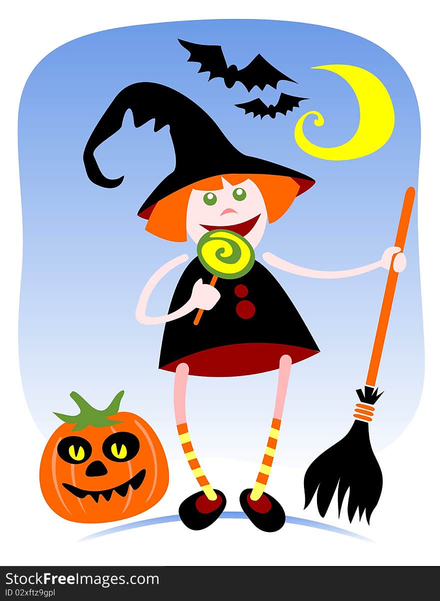 Halloween witch with broomstick and bats on a blue background.