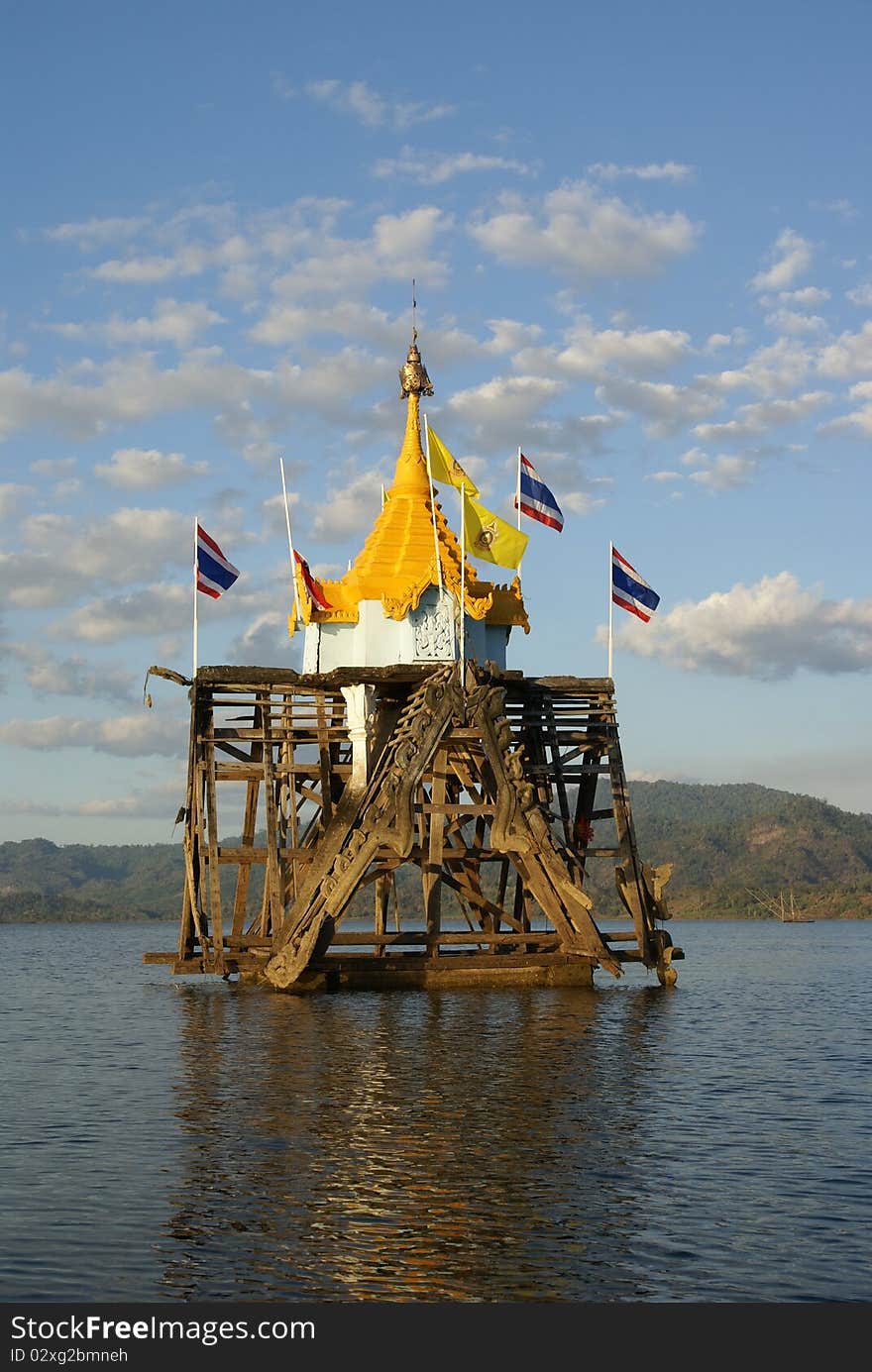 Wang Wiwekaram temple at Sangkhlaburi of Thailand,Old ancient temple. Currently caught in the middle of the water.