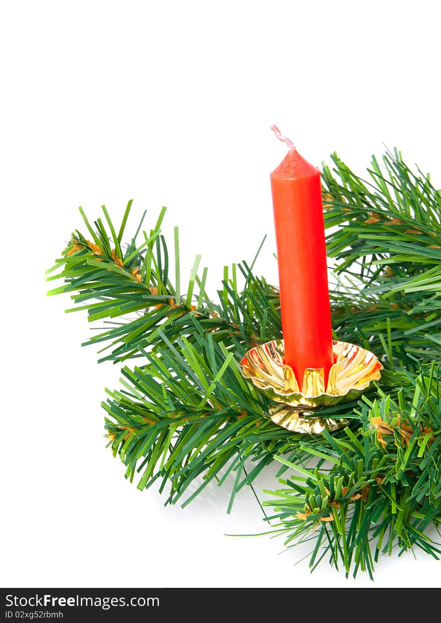 Red Christmas Candle with Pine on white background