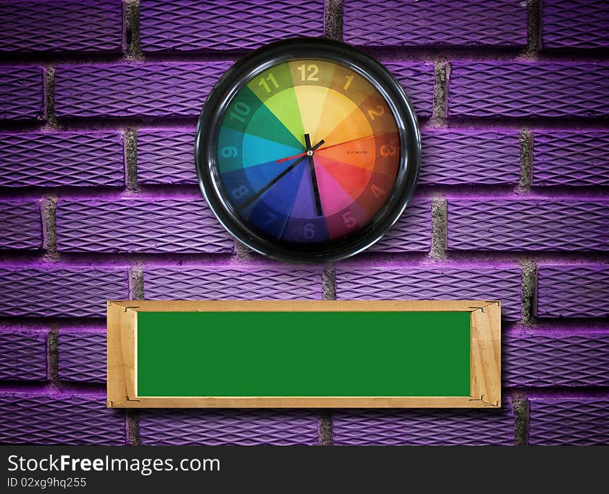 Wall clock and blank sign on violet background