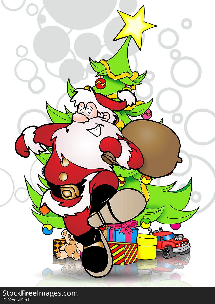 Funny illustration of a santa claus who  seems happy after put gifts under the tree. Funny illustration of a santa claus who  seems happy after put gifts under the tree