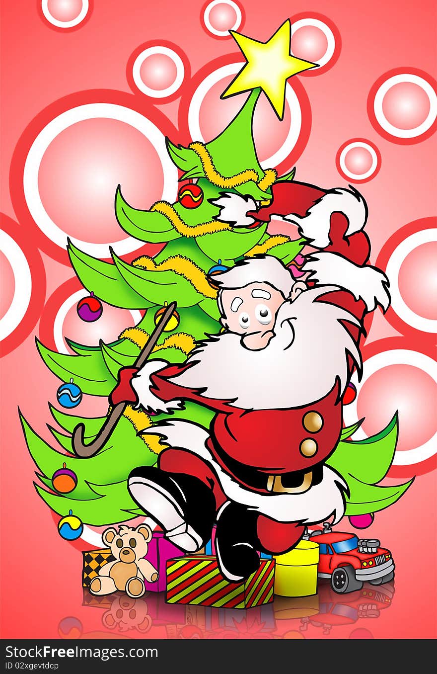 Funny illustration of a dancing santa claus who  seems happy infront of christmas tree. Funny illustration of a dancing santa claus who  seems happy infront of christmas tree