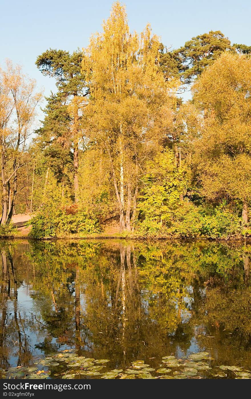 Autumn colors reflecting on river. It was a nice calm morning