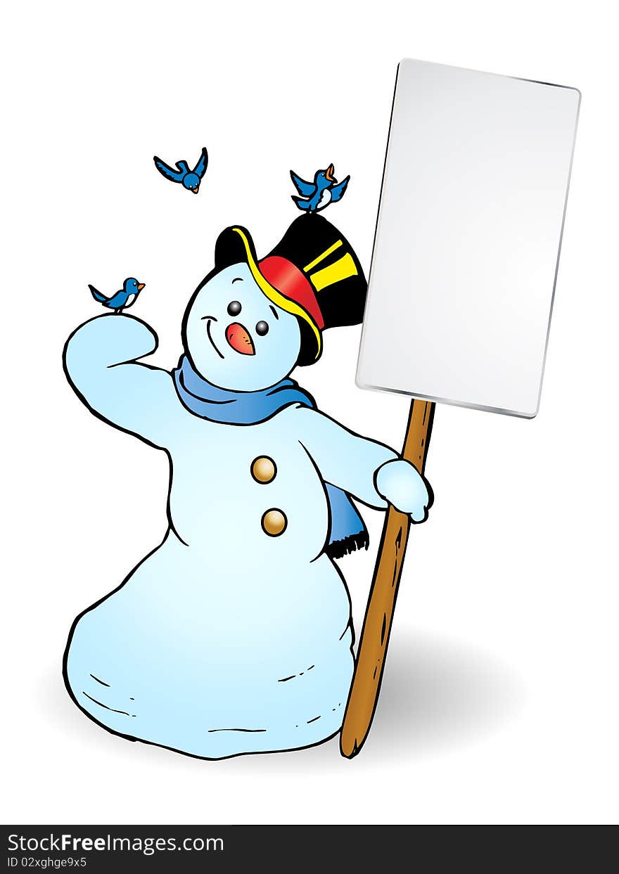 Happy snowman holding banner while playing with blue birds on christmas illustration. Happy snowman holding banner while playing with blue birds on christmas illustration