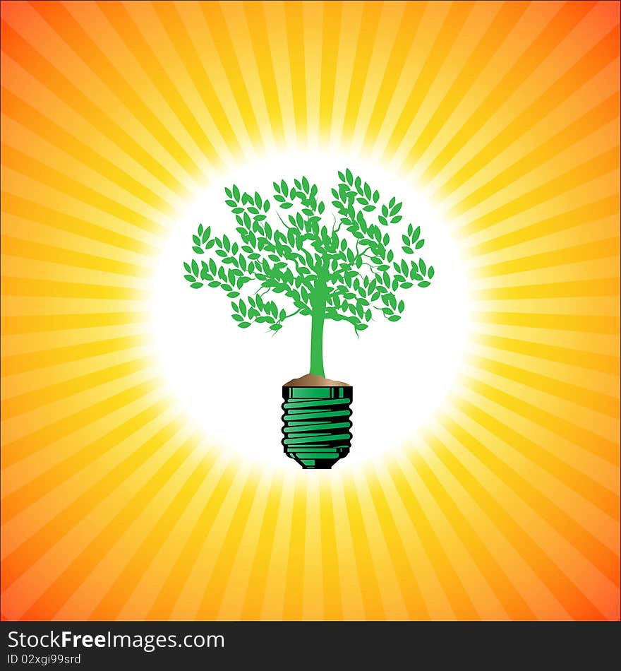 Illustration of green tree on sunrise background