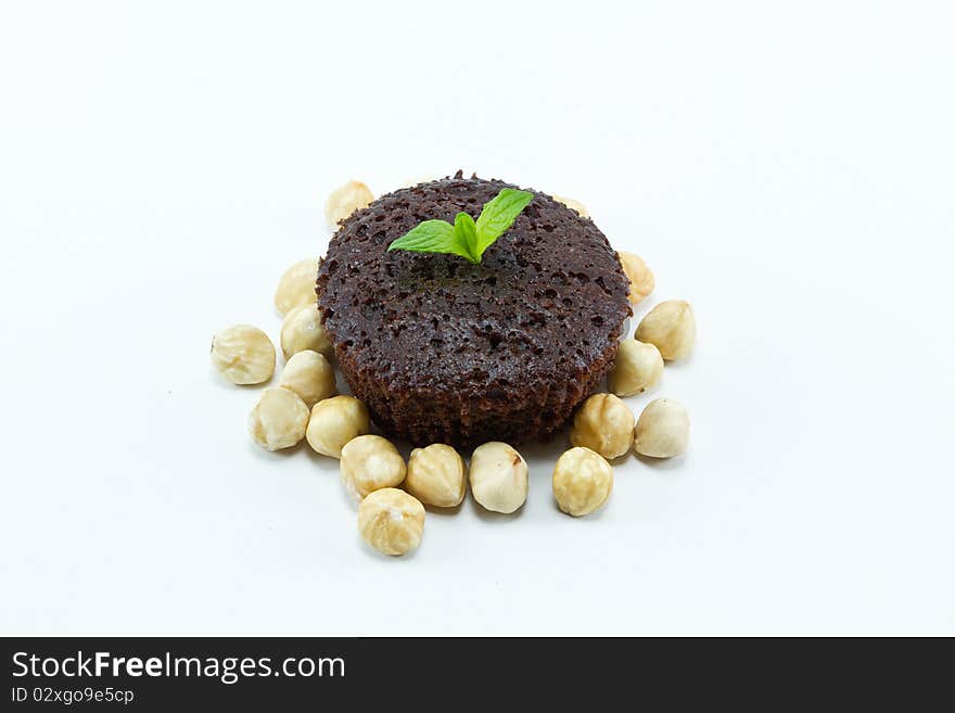 Chocolate muffin on a white background