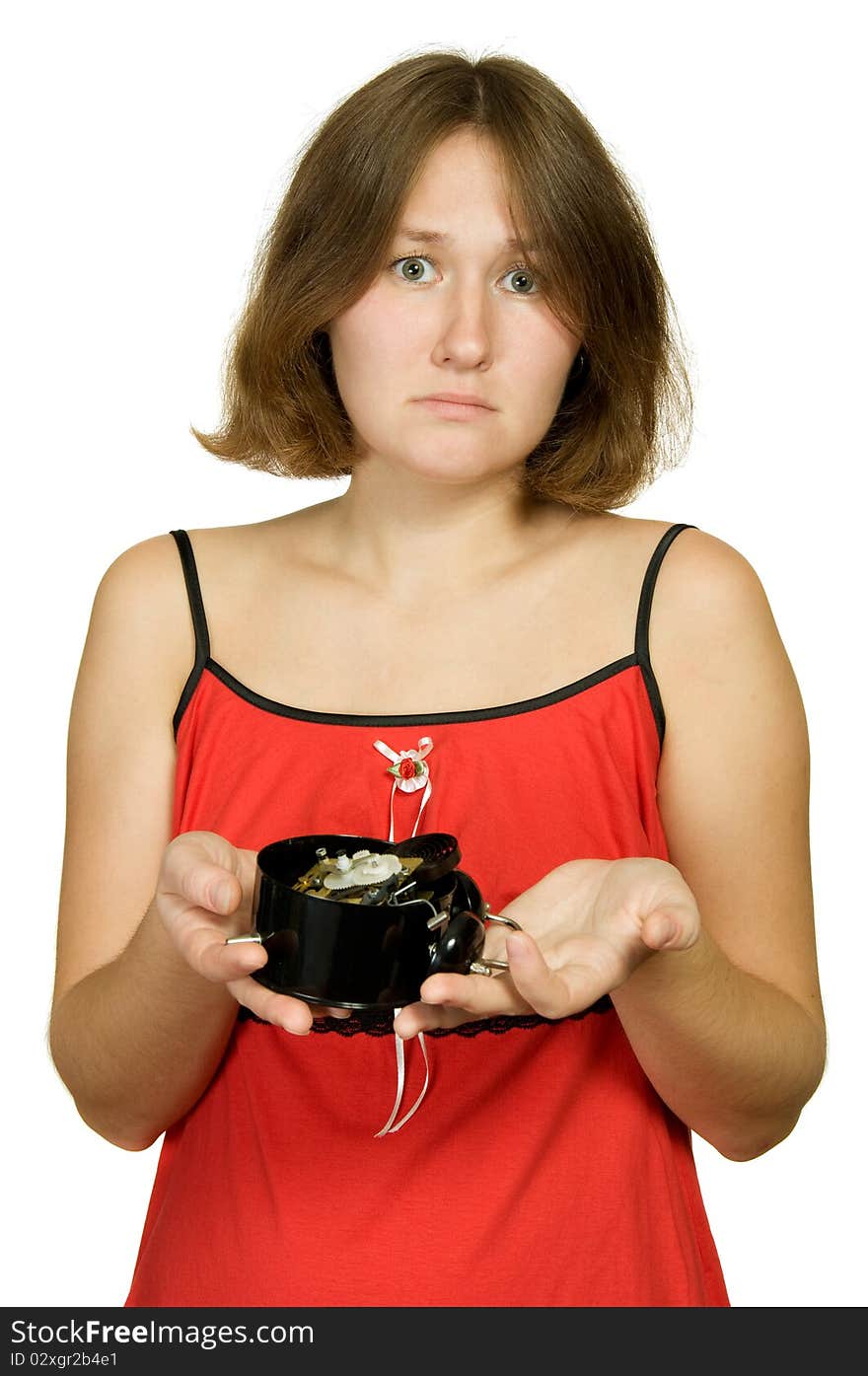 Regret attractive woman with brocken clock over white. Regret attractive woman with brocken clock over white