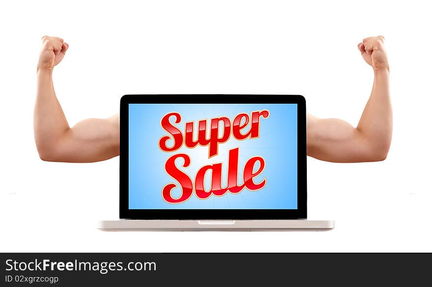 Isolated modern laptop with super sale sign and muscular biceps