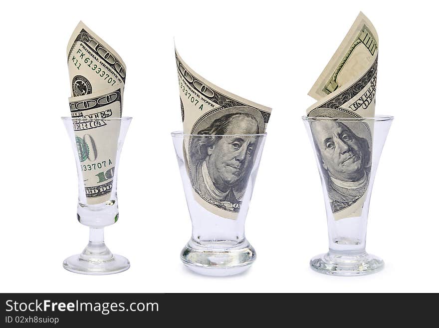 Dollar in glass on white background