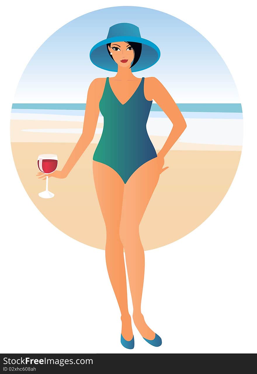 Lady on the beach with a drink. Lady on the beach with a drink